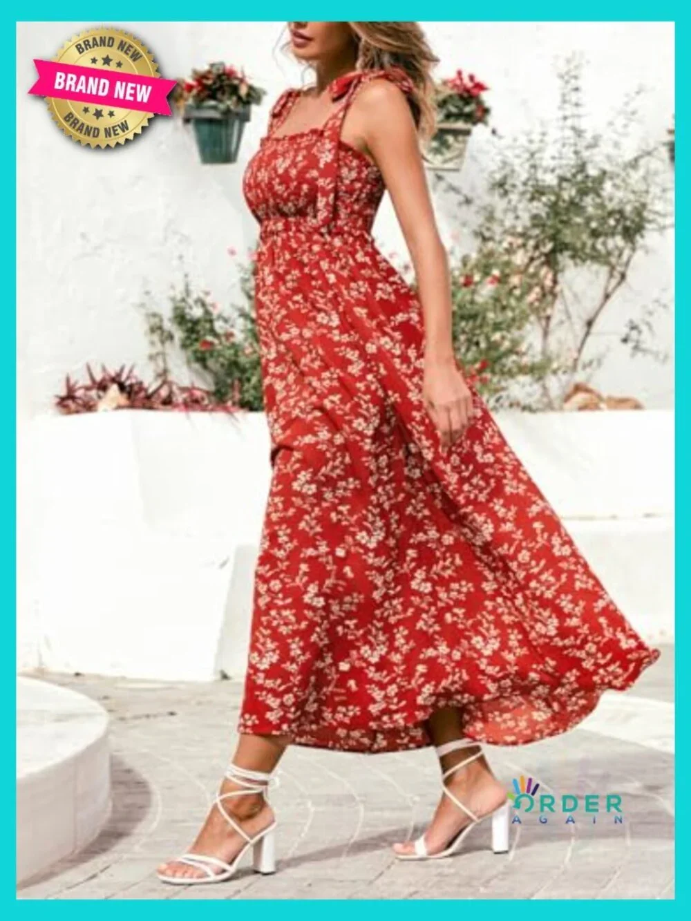 Women's Sleeveless Smocked Midi Sundress Flowy A-Line Casual Beach Summer Dress